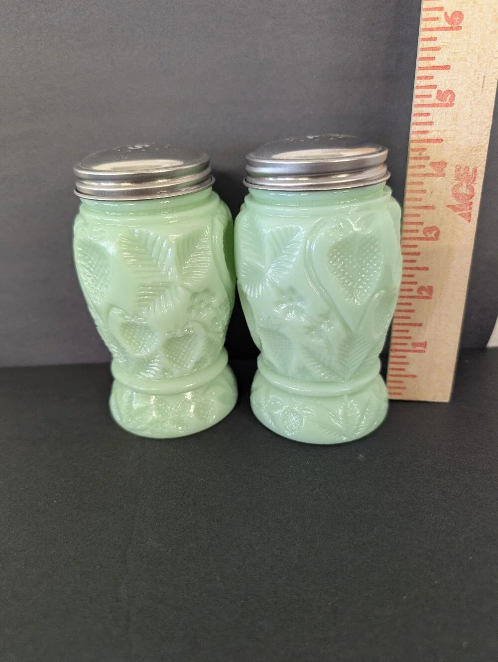 Jadite Green Embossed Glass Salt & Pepper Shakers